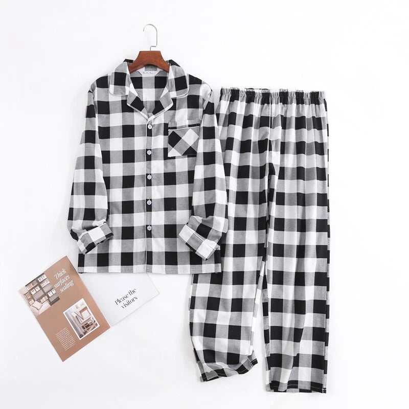 Men's Pajamas Set 100% Cotton Sleepwear Long Sleeve Button Top Pants Nightwear