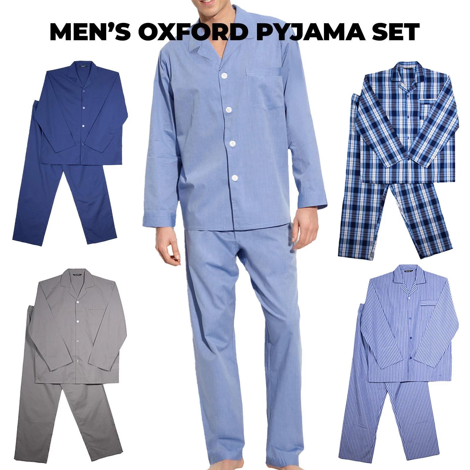 Mens  Oxford Woven Polycotton Plain Pyjama Set Nightwear Sizes S - 2XL