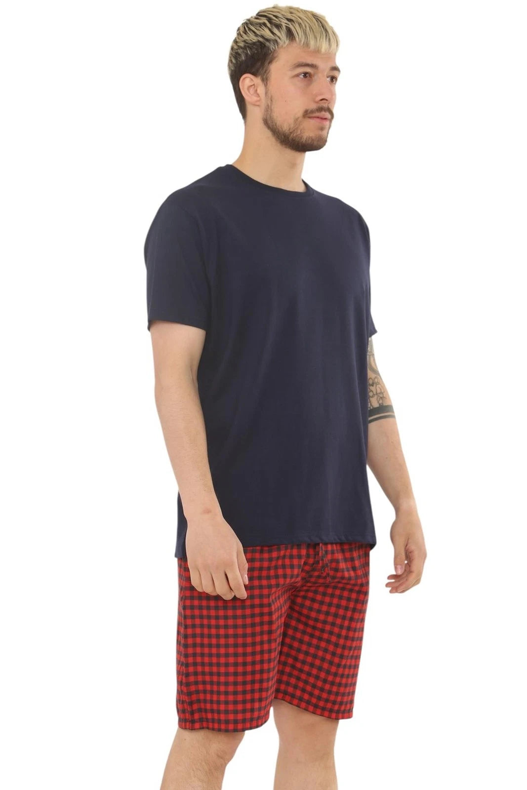 Mens Check Cotton Pyjama Set T-Shirt Woven Shorts Lounge Sleepwear Nightwear Set