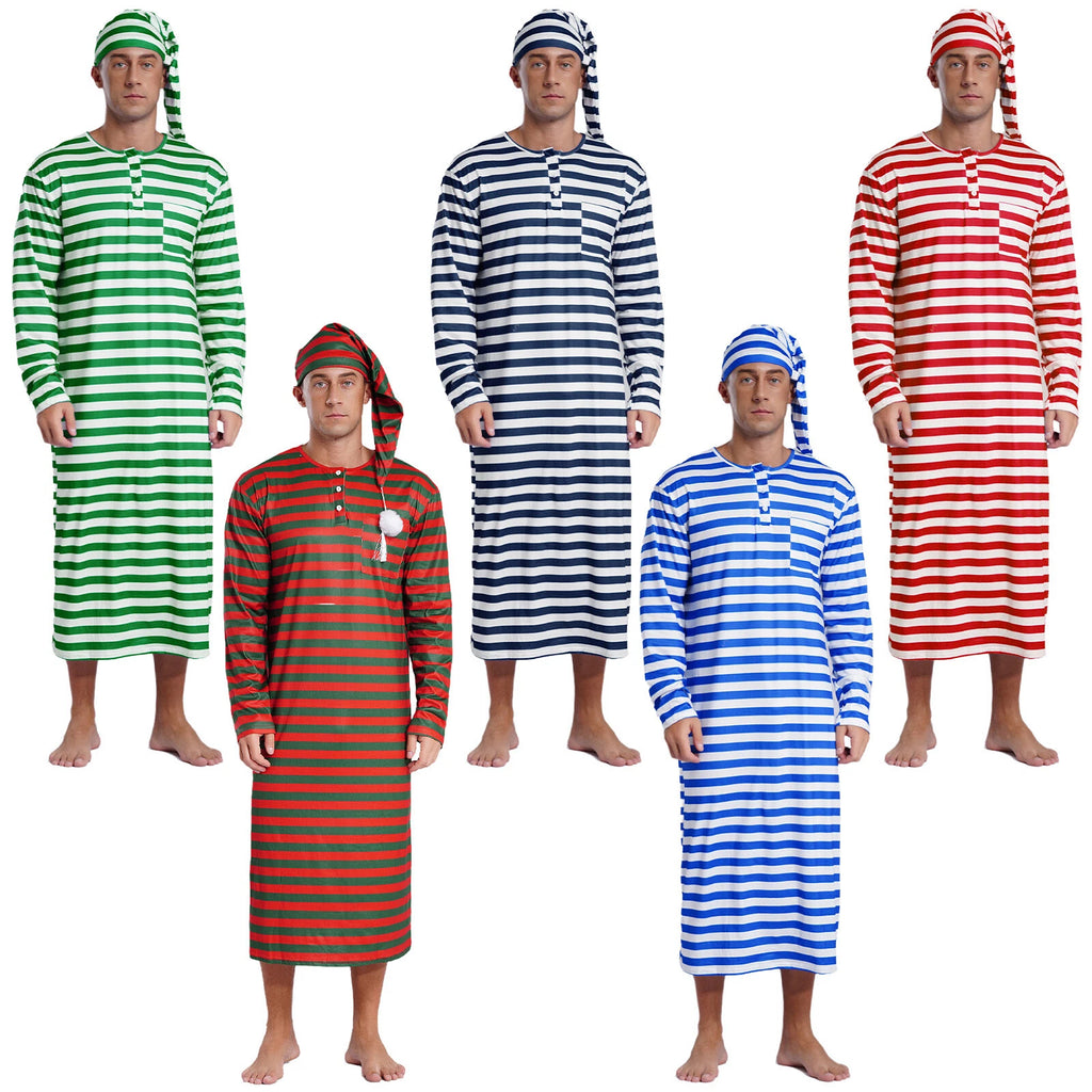 Men's Pajamas Set Long Sleeve Striped Robe Round Neck Loose Sleepwear with Hat