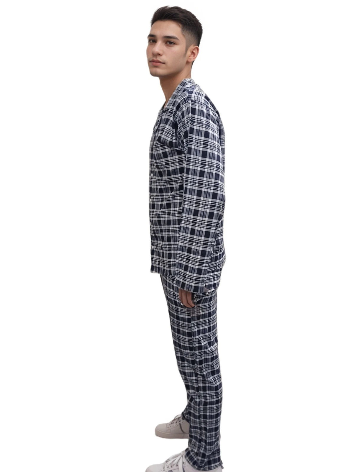 Mens Checked Pyjamas Set Cotton Blend Traditional Nightwear Lounge Wear Top PJ's