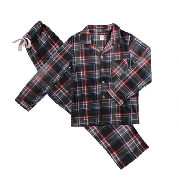 Men's Plaid Fleece 2 Piece Sleep Button Up Drawstring Waist Classic Pajama Set