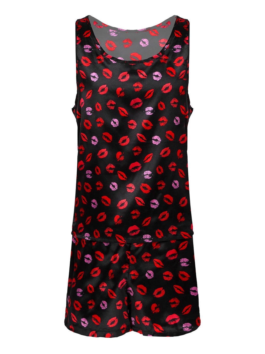 Mens Muscle Shirts Pajama Set Sexy Satin Sleepwear Tank Top Shorts Nightwear