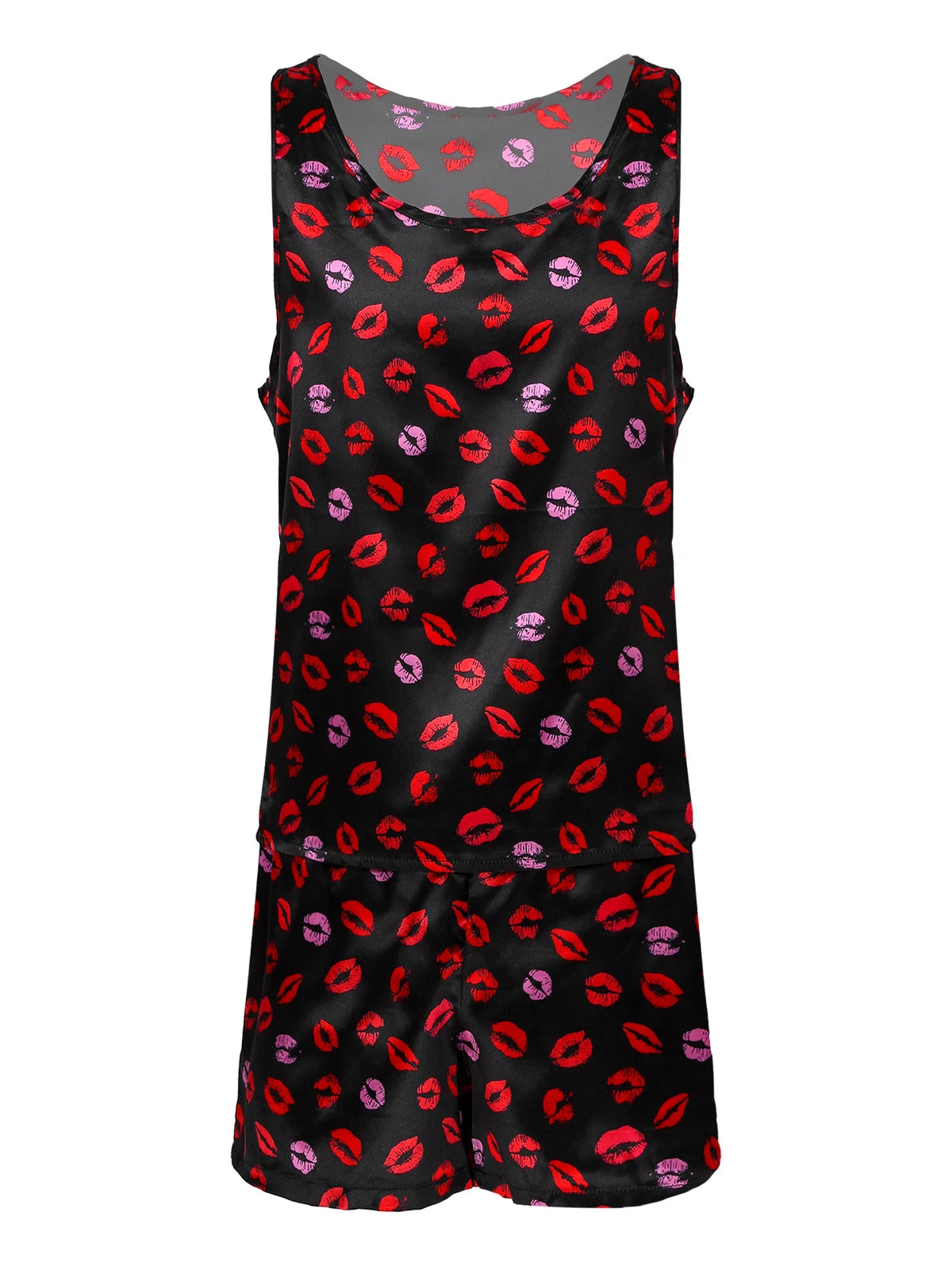 Mens Muscle Shirts Pajama Set Sexy Satin Sleepwear Tank Top Shorts Nightwear
