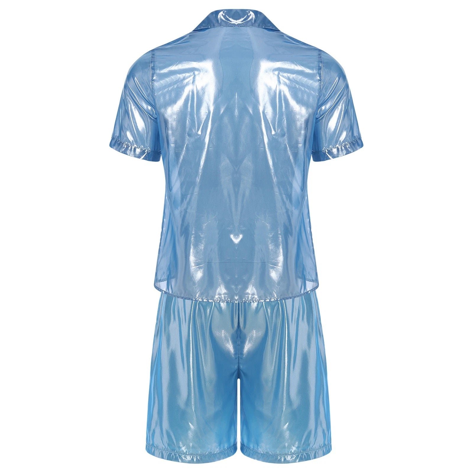 Men Shiny Glossy See-Through Metallic Chiffon Jumpsuit Bodysuit /Pajama Set