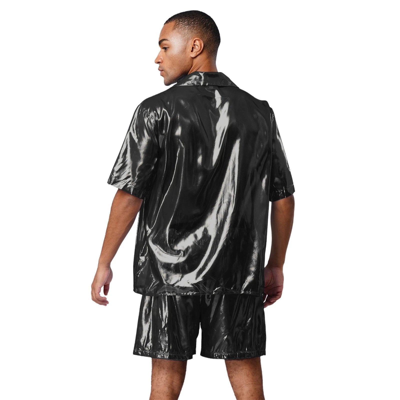 Men Shiny Glossy See-Through Metallic Chiffon Jumpsuit Bodysuit /Pajama Set