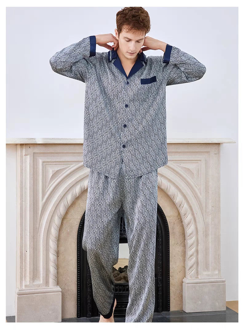 Men's 19MM 100% Pure Mulberry Silk Pajamas Set Print Silk Sleepwear M L XL