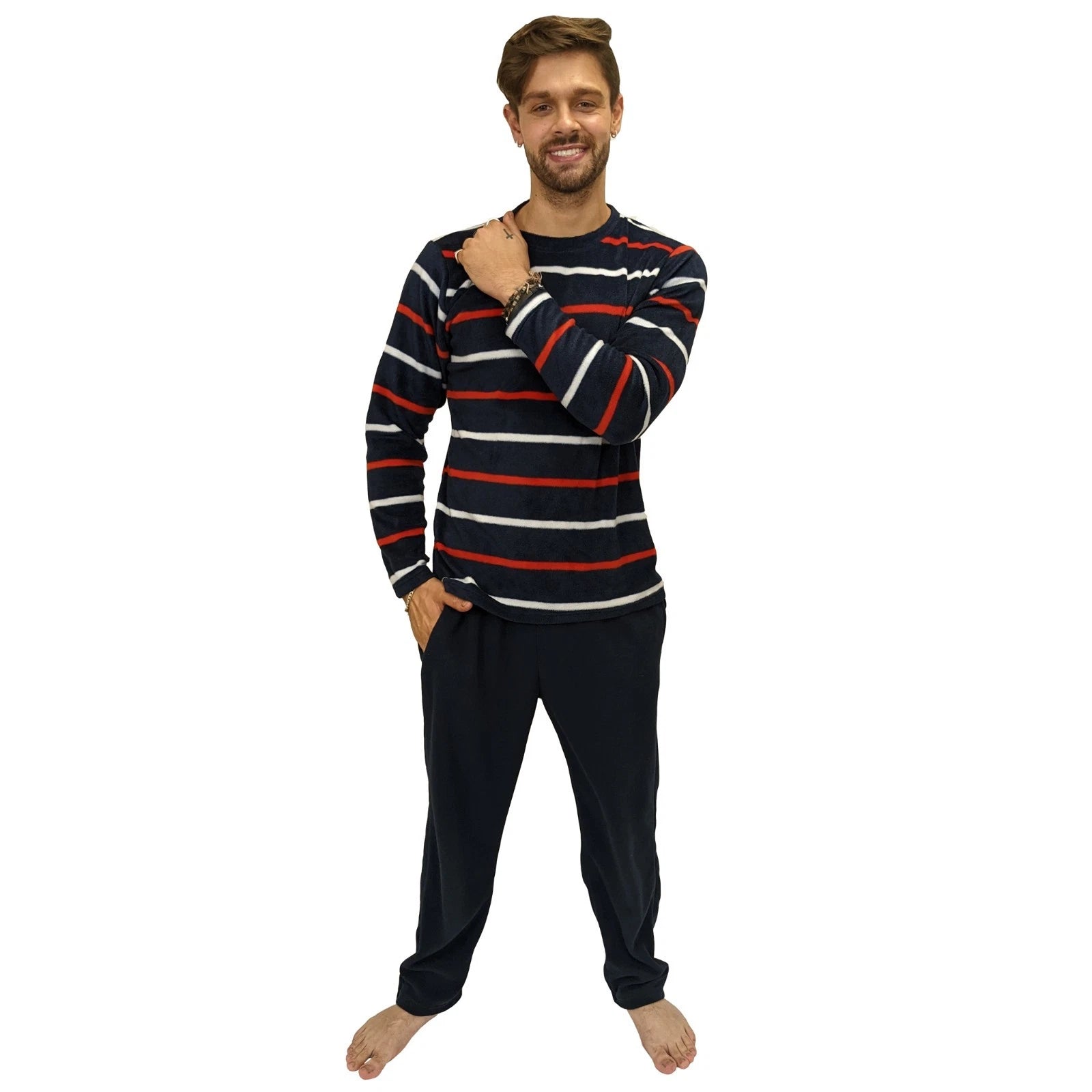 Mens Fleece Warm Soft Pyjamas Striped PJ Set Nightwear Nightsuit Pyjama S-4XL