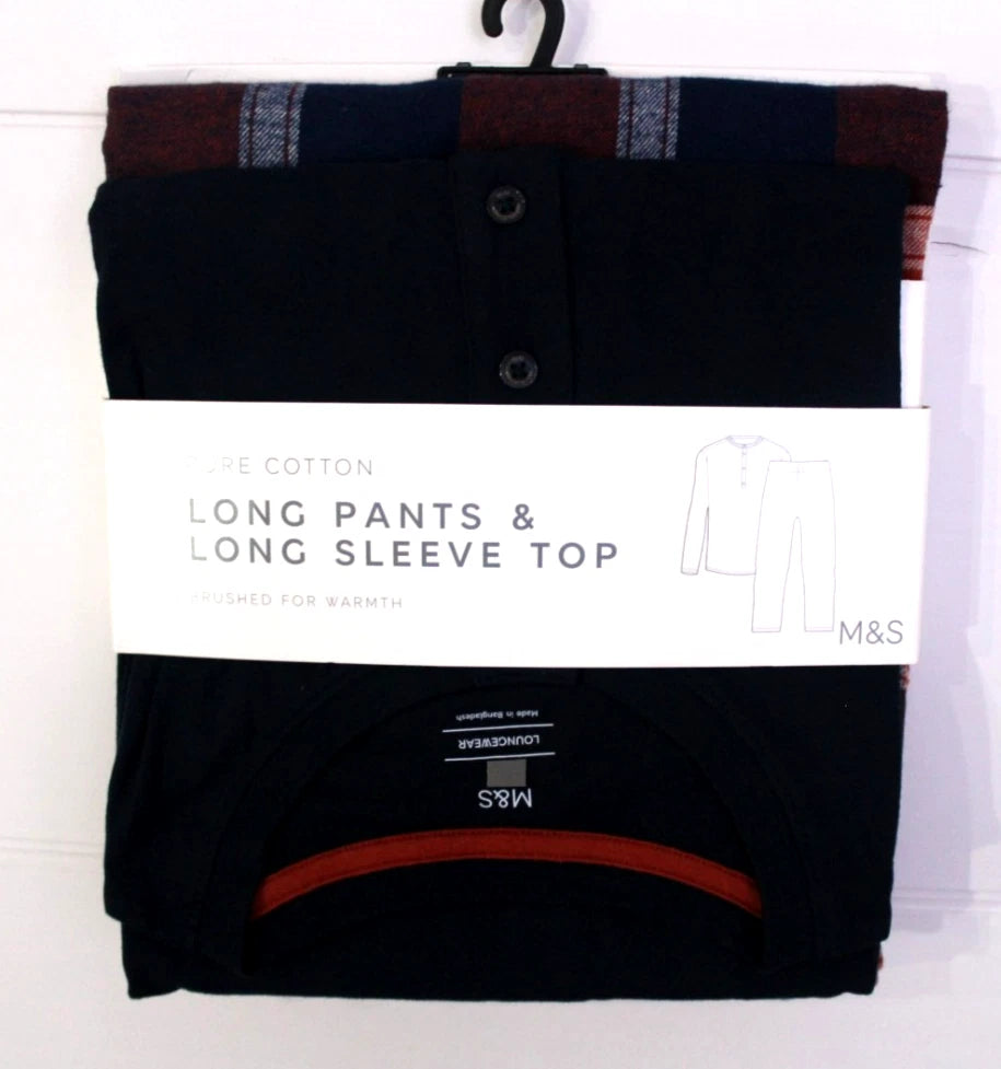 M & S Mens Pure Cotton Brushed For Warmth Pyjamas Loungewear Top & Long Pants