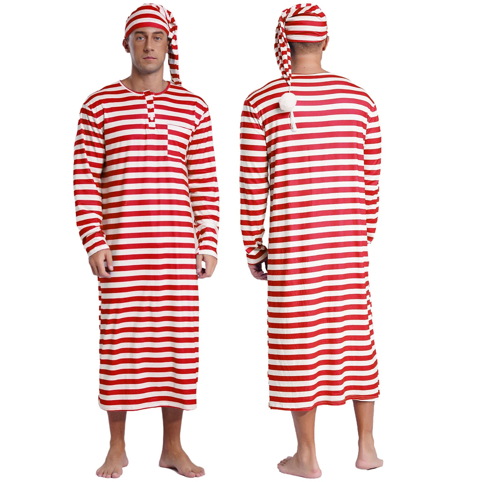 Men's Pajamas Set Long Sleeve Striped Robe Round Neck Loose Sleepwear with Hat