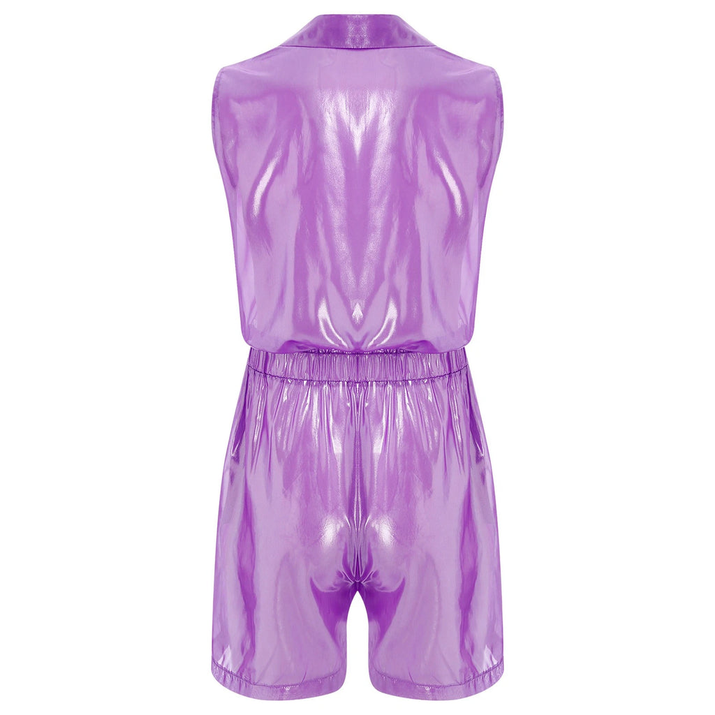 Men Shiny Glossy See-Through Metallic Chiffon Jumpsuit Bodysuit /Pajama Set
