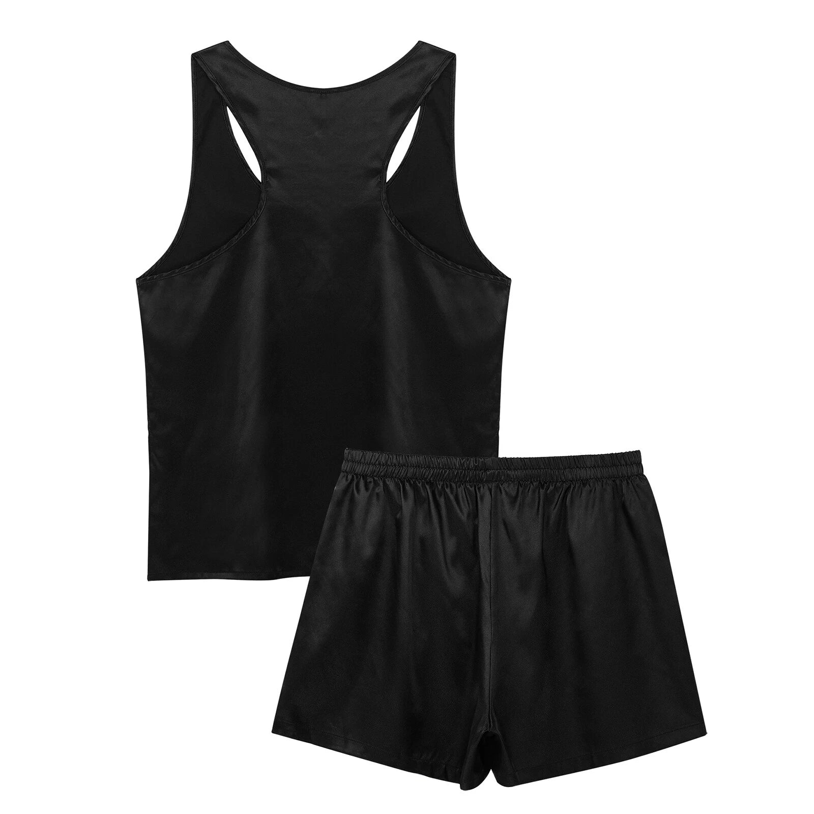 Men's Silk Satin Pajamas Set Vest Top and Boxer Shorts Sleepwear Home Loungewear
