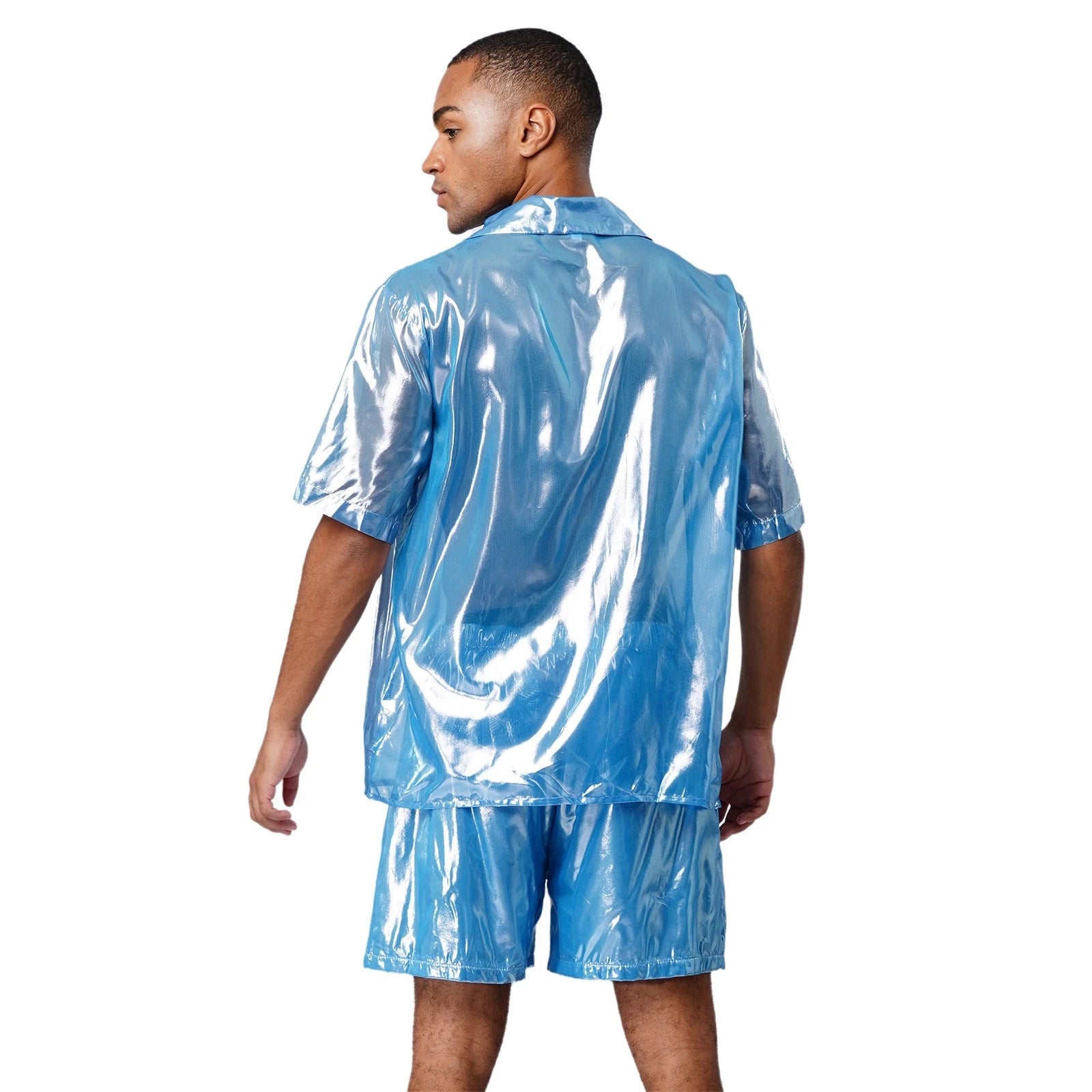 Men Shiny Glossy See-Through Metallic Chiffon Jumpsuit Bodysuit /Pajama Set