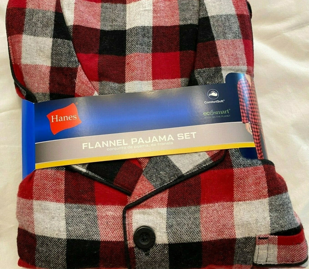 NWT Men's Hanes Flannel RED / BLACK Gray Plaid L/S Pant Set Pajamas PJs Cotton