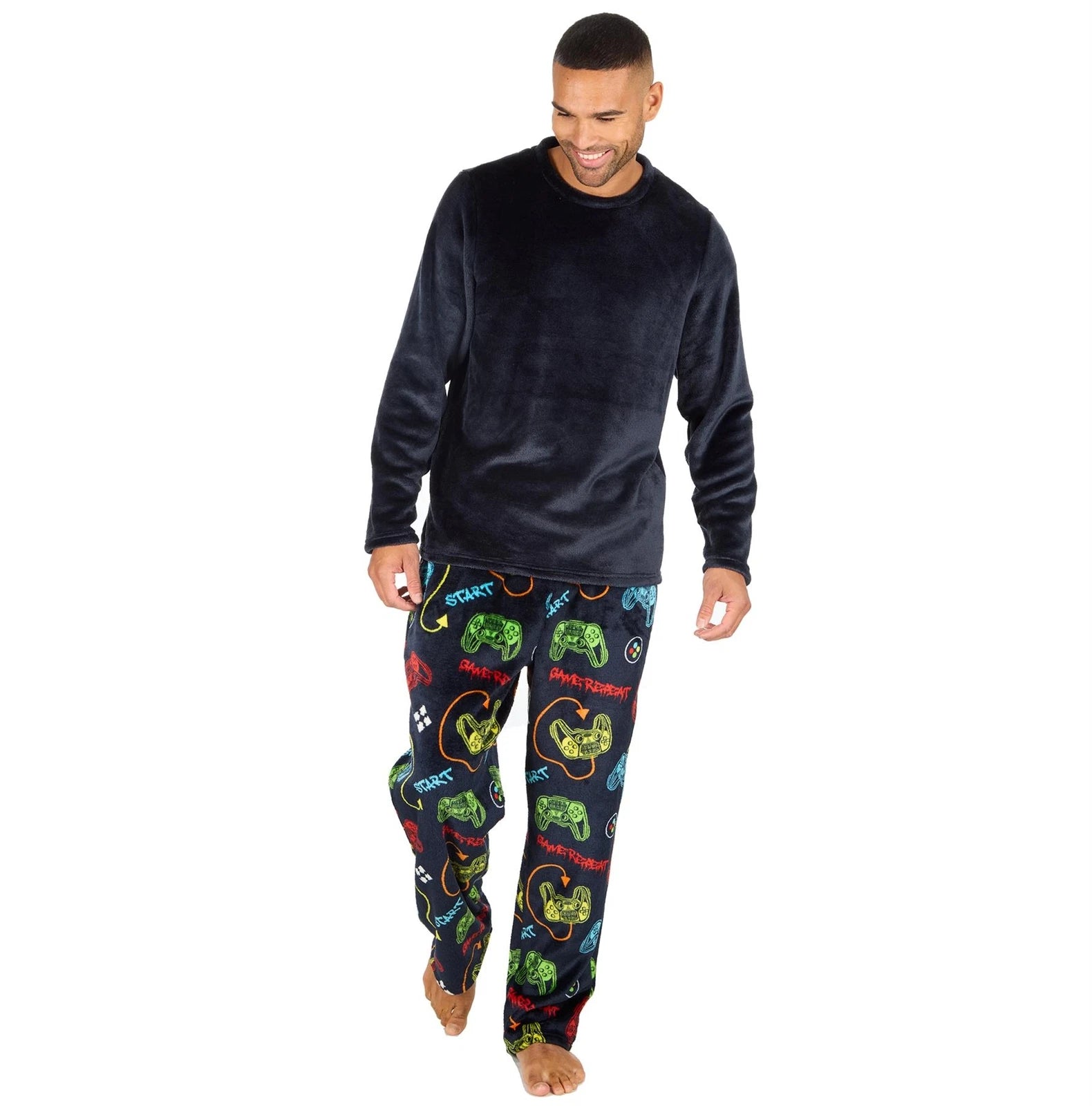 Mens Fleece Pyjamas Long Sleeve Pyjama Set Gamer Gaming Check Size S-XXL