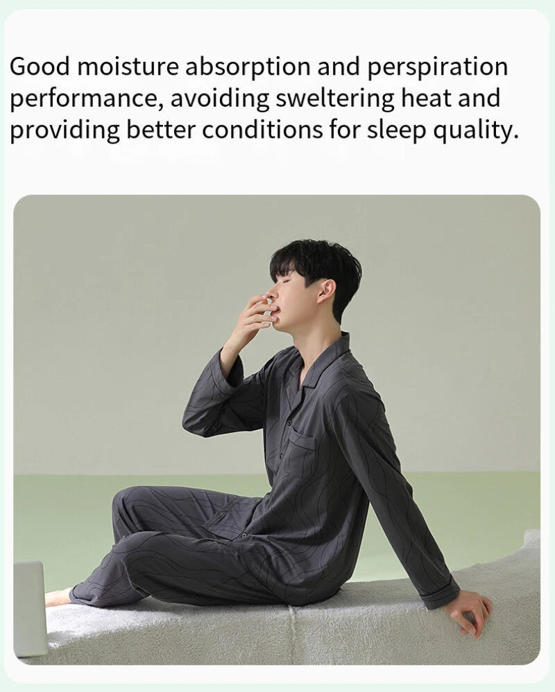 Mens Pyjamas Set Antibacterial Cotton Long Sleeve Homewear Comfortable Sleepwear