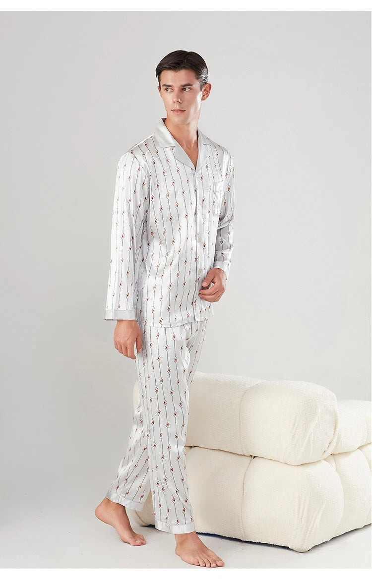 Men's 19MM 100% Pure Mulberry Silk Pajamas Set Long Sleeves Silk Sleepwear S~3XL