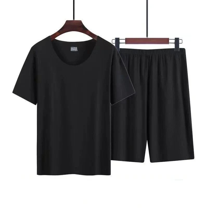 Men Two-piece Ice Silk Pajamas Loungewear Plus Size Home Set Summer Thin Modal