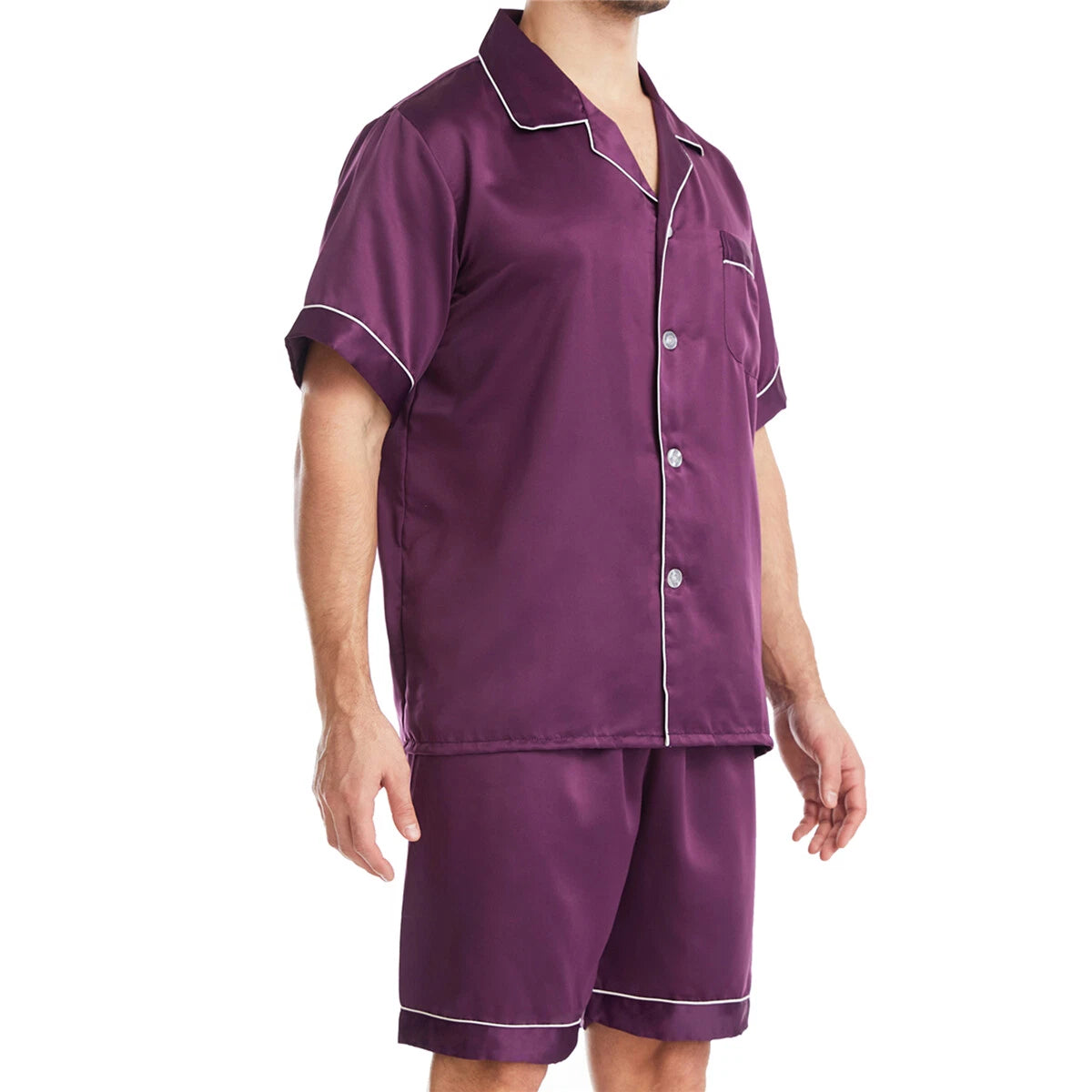 Men Satin Pajamas Set Shorts + Shirt Sleepwear Lounge Nightwear Buttons Outfit