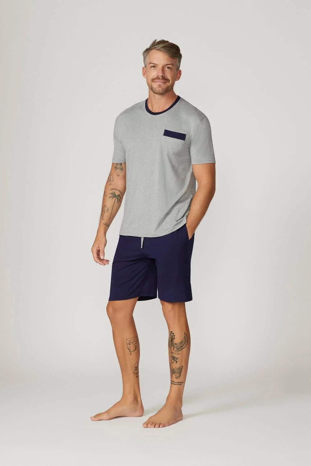 Mens Contare Sizes S-7XL Grey Navy Bamboo Cotton Short Sleeve Pyjama Set Pjs