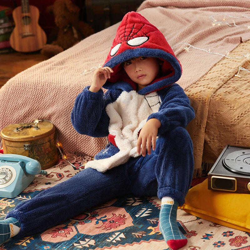 Spiderman Pyjamas Flannel Sleepwear Cosplay Superhero Adult Kids Nightgown Set