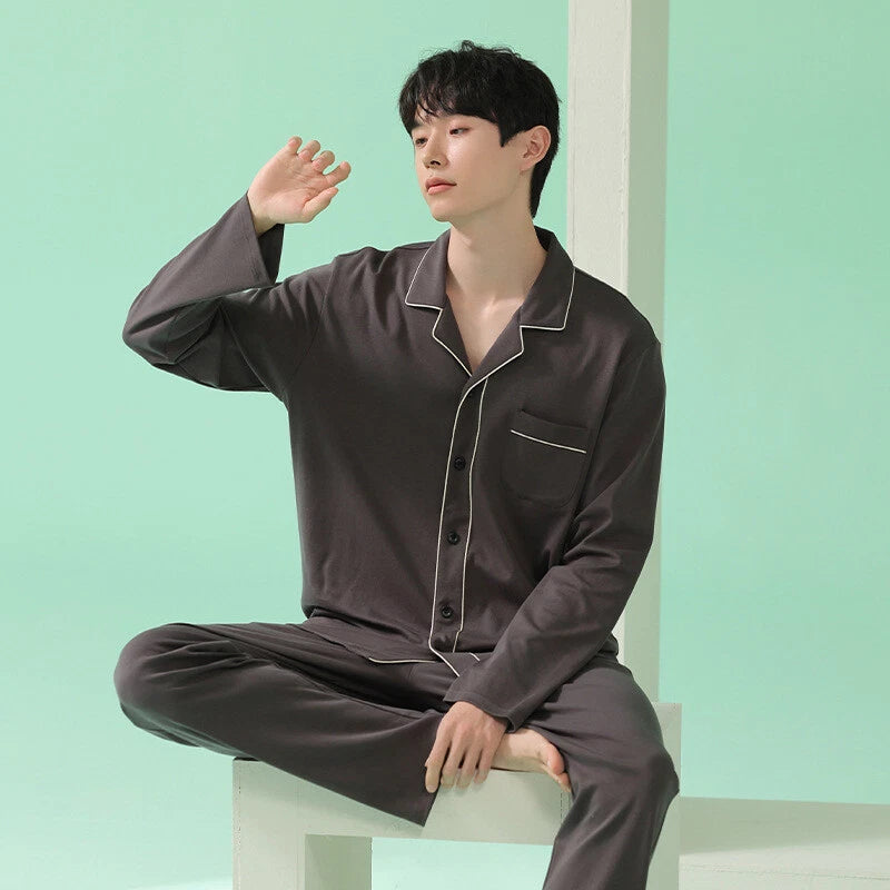 Men's Homewear Pajama Set Pure Color Soft Comfort Antibacterial Long Sleeve