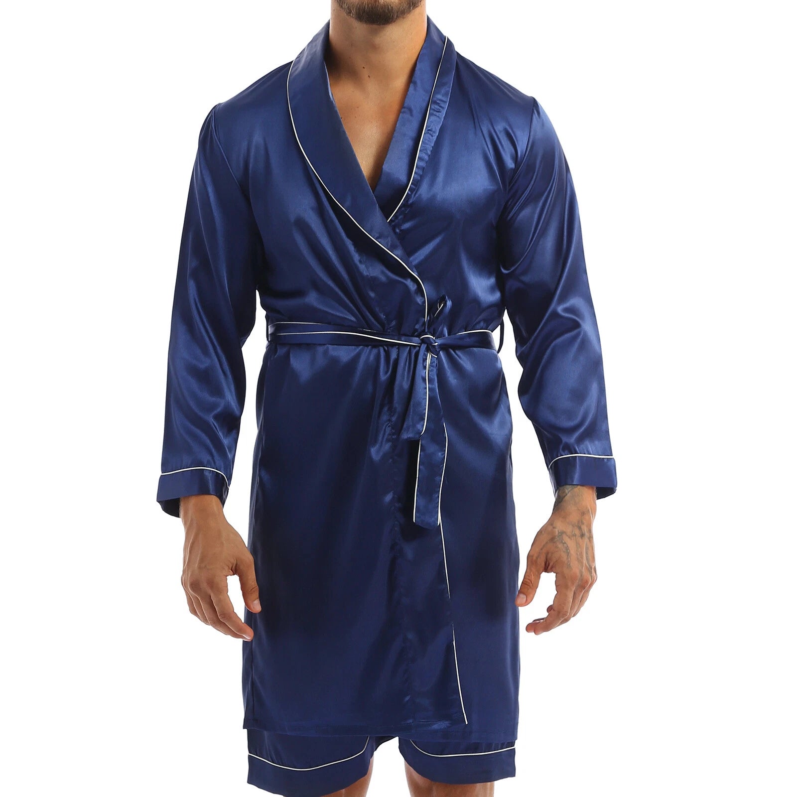 Men Silk Satin Pajamas Set Shirt Top Shorts Pants Long Robe Sleepwear Nightwear