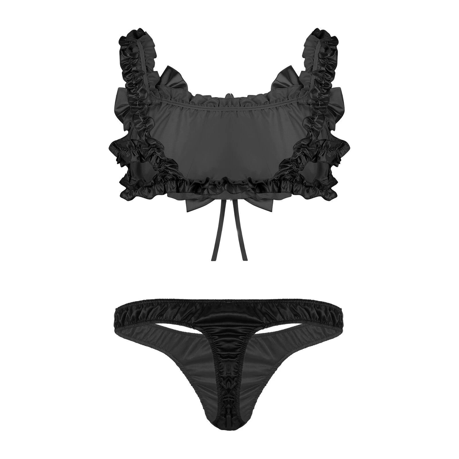 Men Ruffled Lingerie Set Cami Straps Bandeau Bra Thong 2Pcs Crossdresser Pajamas
