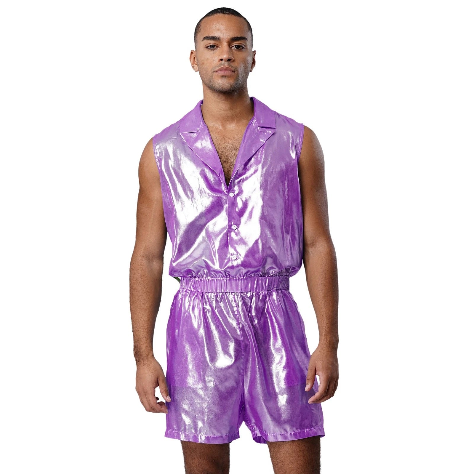 Men Shiny Glossy See-Through Metallic Chiffon Jumpsuit Bodysuit /Pajama Set