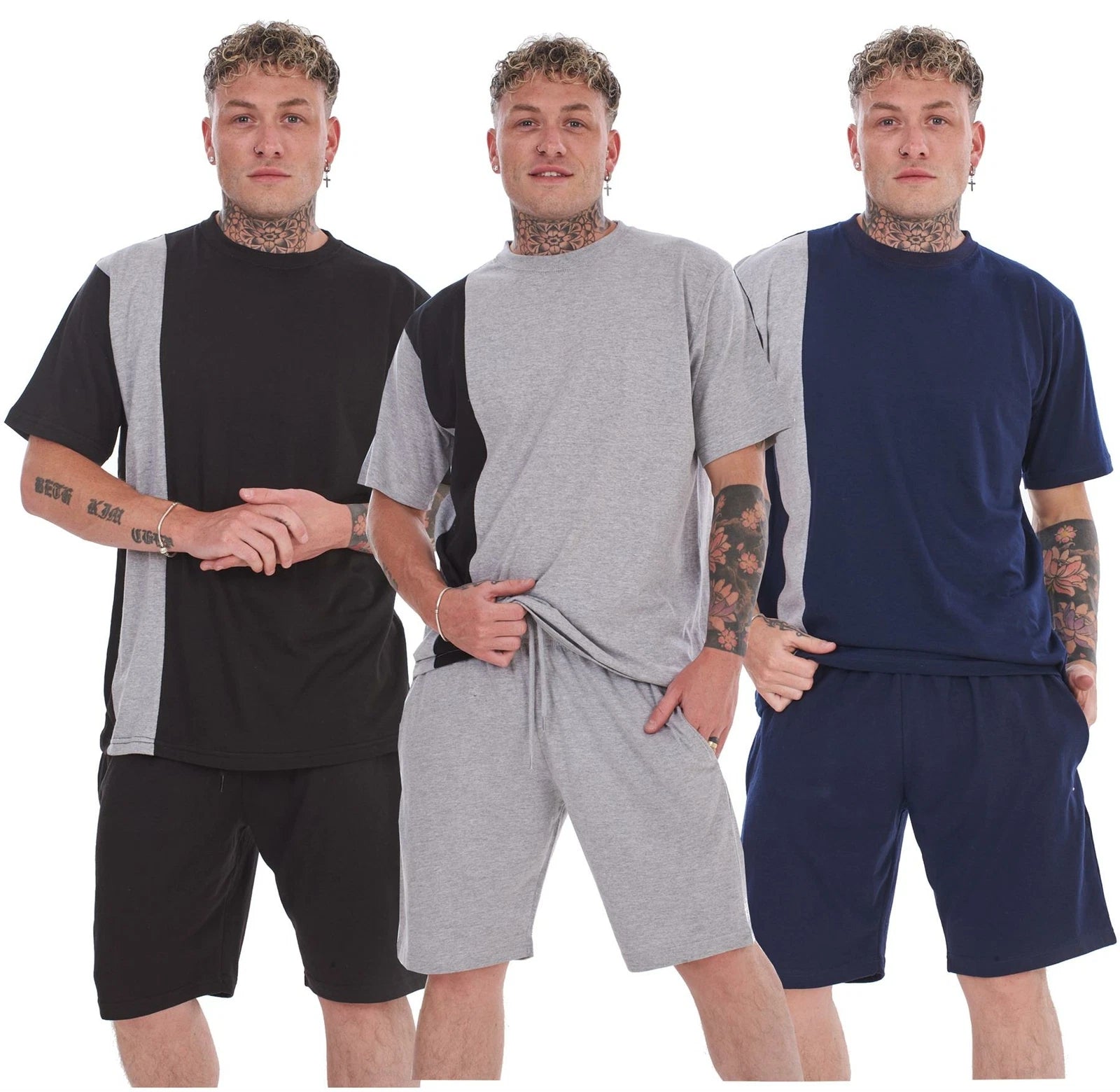Mens Contrast Panel T-Shirt & Shorts Set Summer Tracksuit 2 Piece loungewear