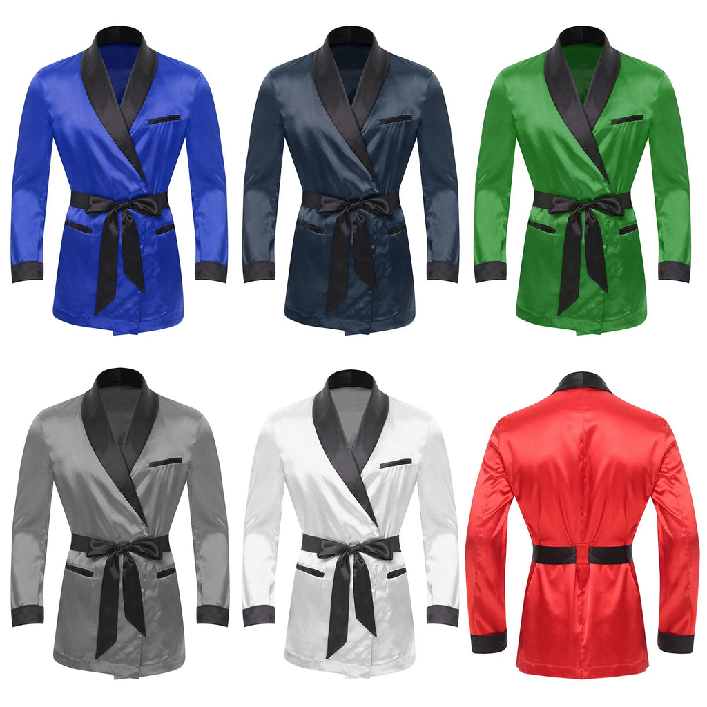 Men's Silk Satin Pajamas Set Short Sleeves Top and Bottom Boxer Shorts Shirt Set