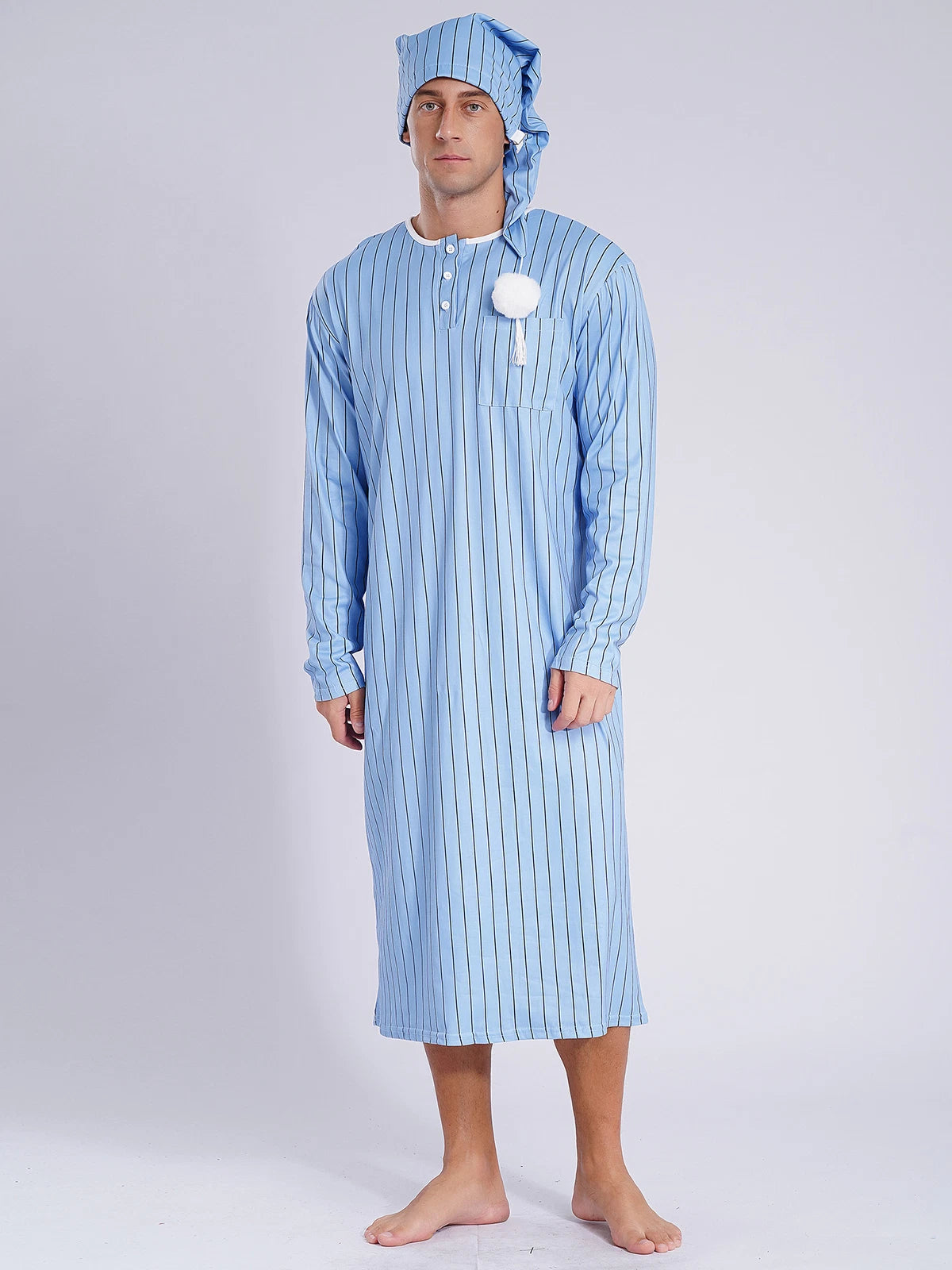 Mens Nightwear Halloween Nightgowns Plaid Pajamas Pompom Loungewear Nightshirt