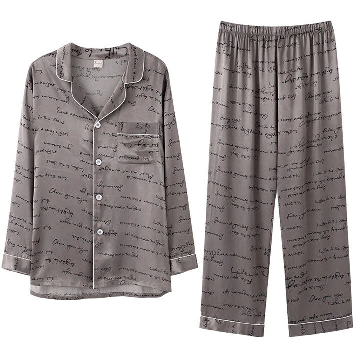 Luxury Mens Silk Satin Pajamas Set Soft Pyjamas Long Sleeve Sleepwear Loungewear
