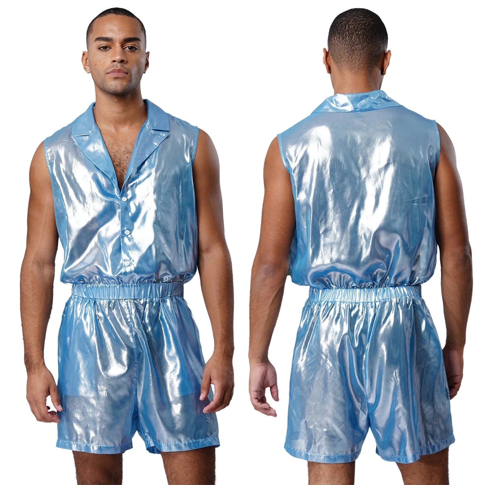 Men Shiny Glossy See-Through Metallic Chiffon Jumpsuit Bodysuit /Pajama Set