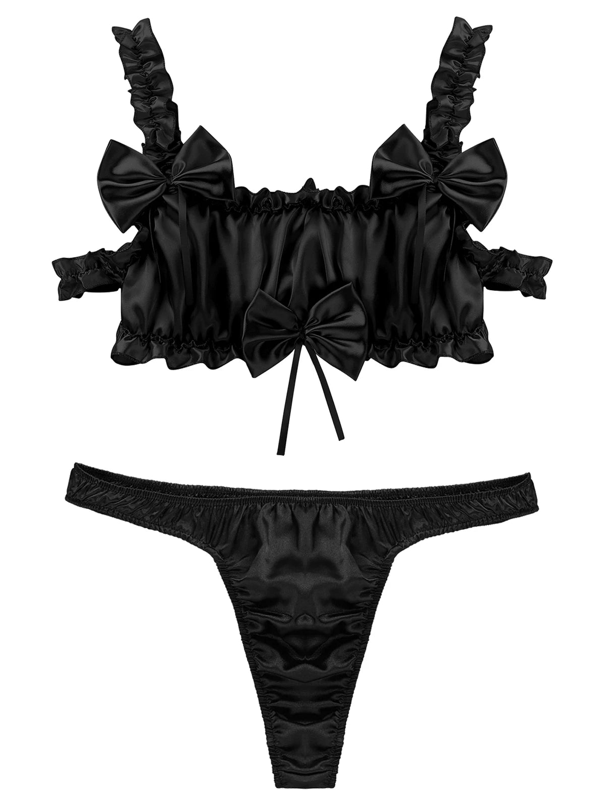 Men Ruffled Lingerie Set Cami Straps Bandeau Bra Thong 2Pcs Crossdresser Pajamas