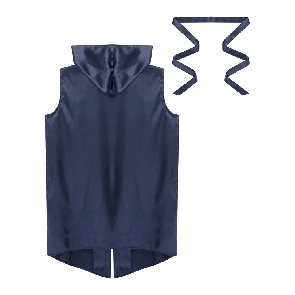 Men's Satiny Pajama Robe Set Sleeveless Silk Hooded Bathrobe with Belt Sleepwear