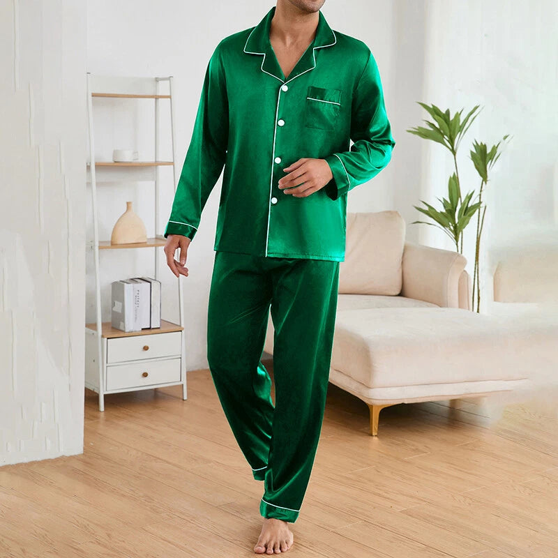 Mens Silk Satin Pyjamas Set Nightwear Pyjama Top & Bottoms Loungewear Sleepwear
