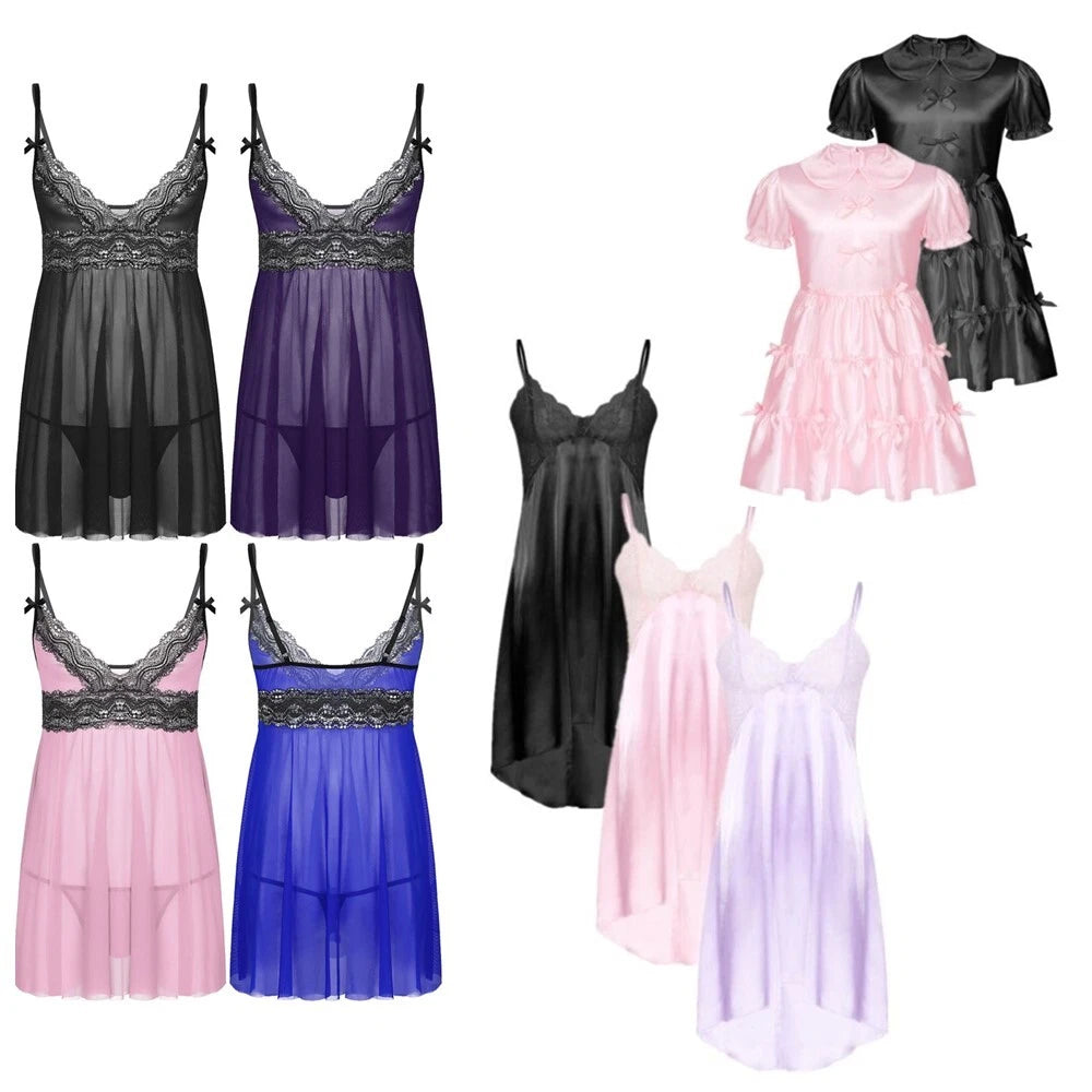 Mens Sissy Nightdress Pajamas Crossdress Nightwear Lingerie Set Sleepwear