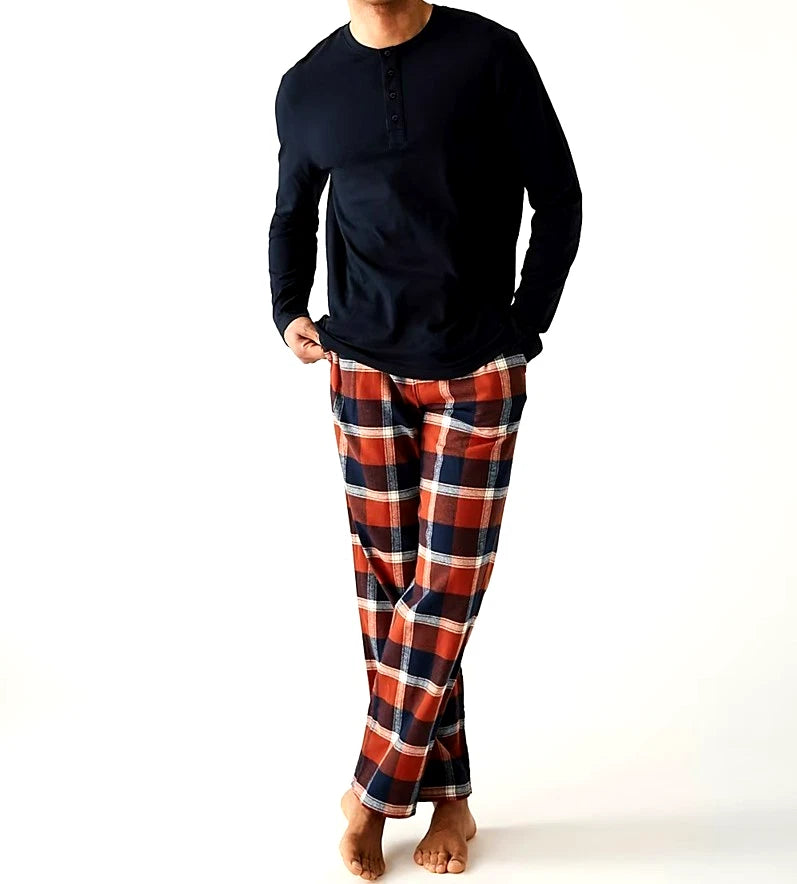 M & S Mens Pure Cotton Brushed For Warmth Pyjamas Loungewear Top & Long Pants