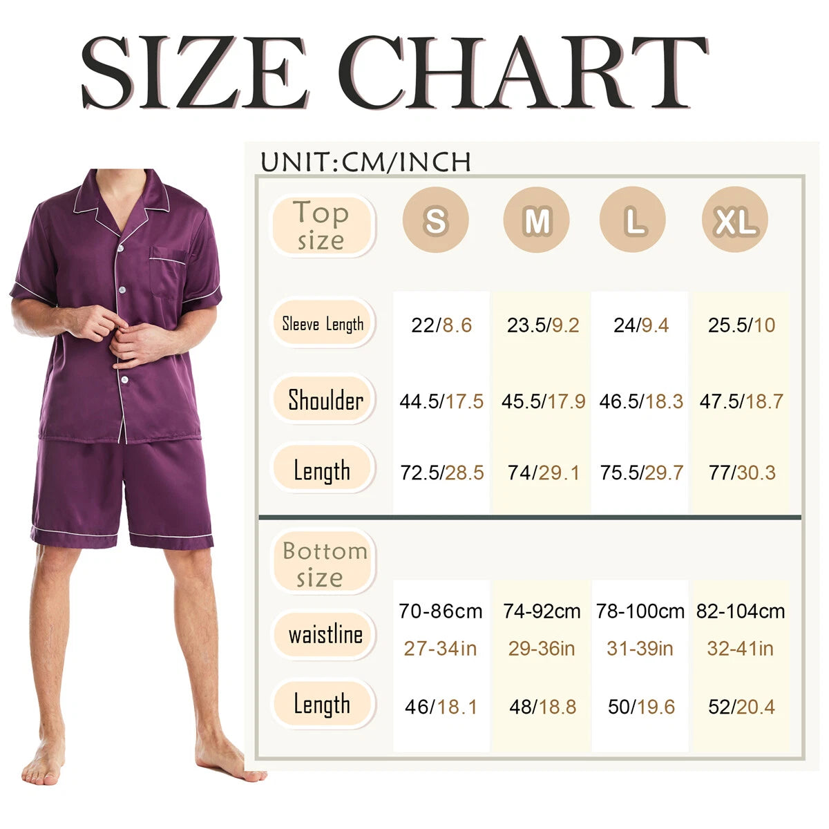 Men Satin Pajamas Set Shorts + Shirt Sleepwear Lounge Nightwear Buttons Outfit