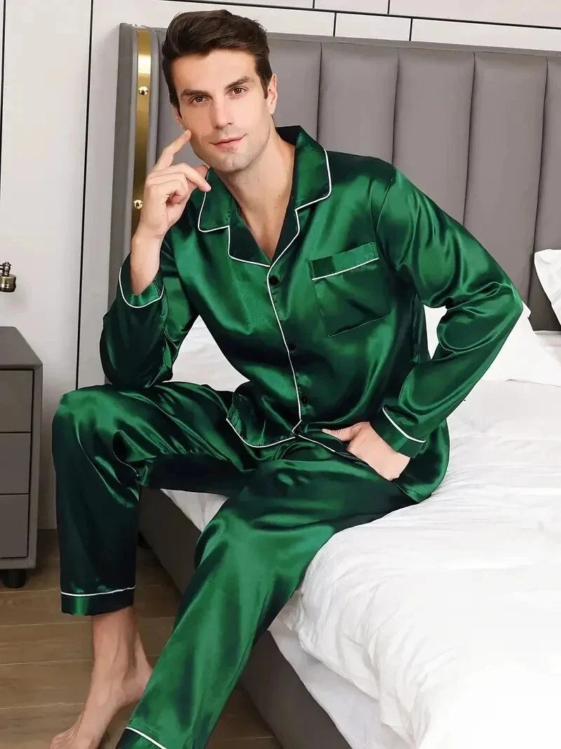 Men's Silk Satin Pajama Set Long Sleeve Soft Sleepwear Loungewear Suit