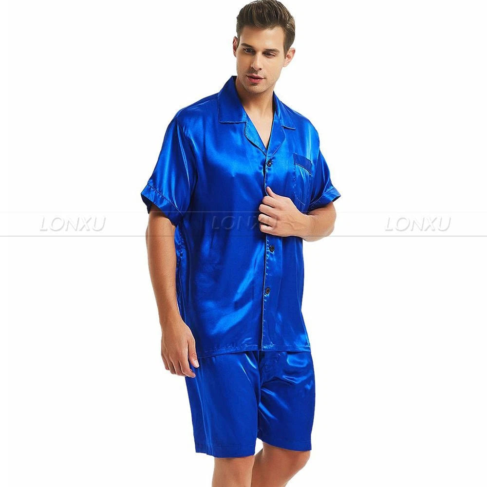 Mens Silk Satin Pajamas Set Short Sleeve+Short Pants Set Sleepwear Loungewear