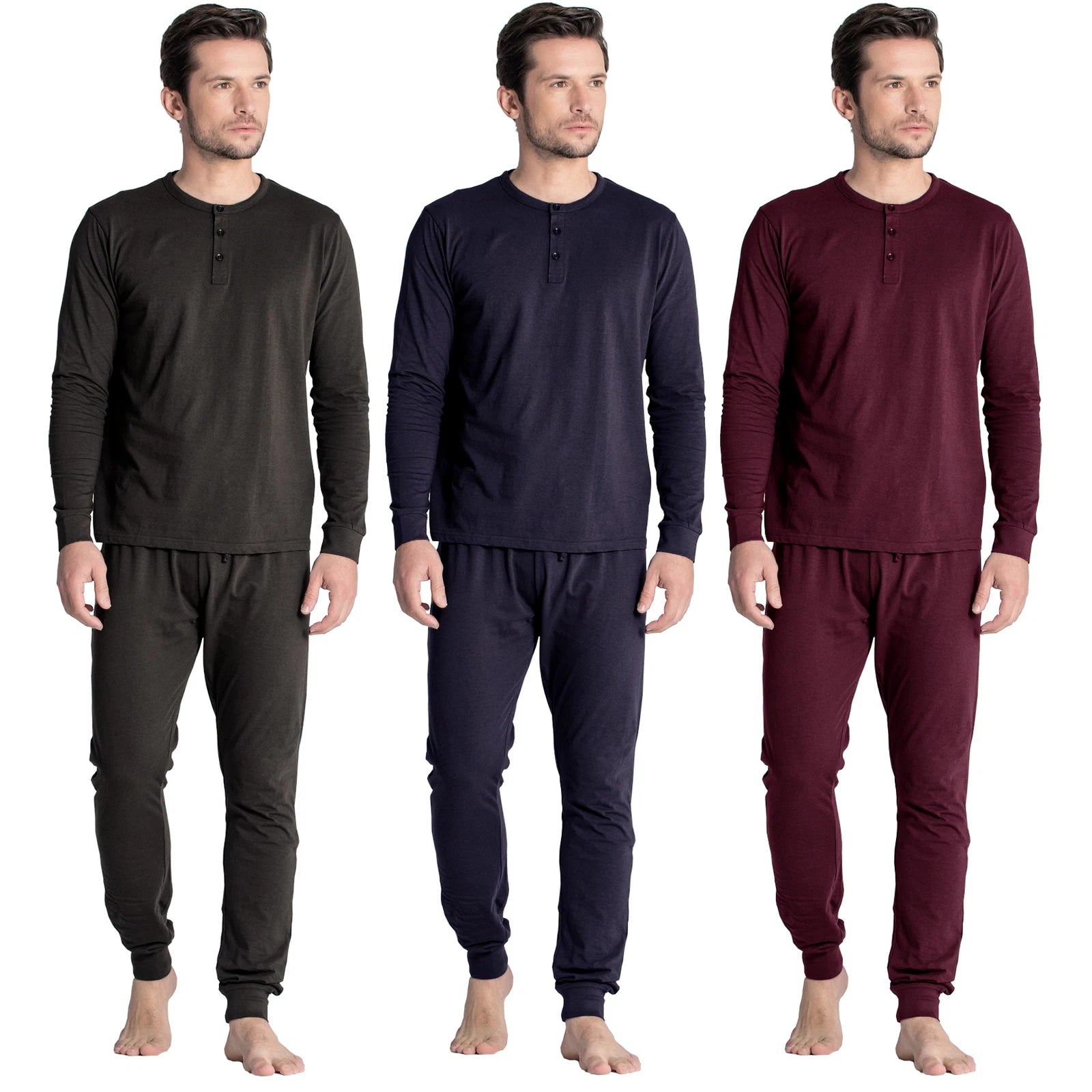 Mens Henley Tops Pyjamas Sets PJ's Nightwear Loungewear Button Up Long Sleeve