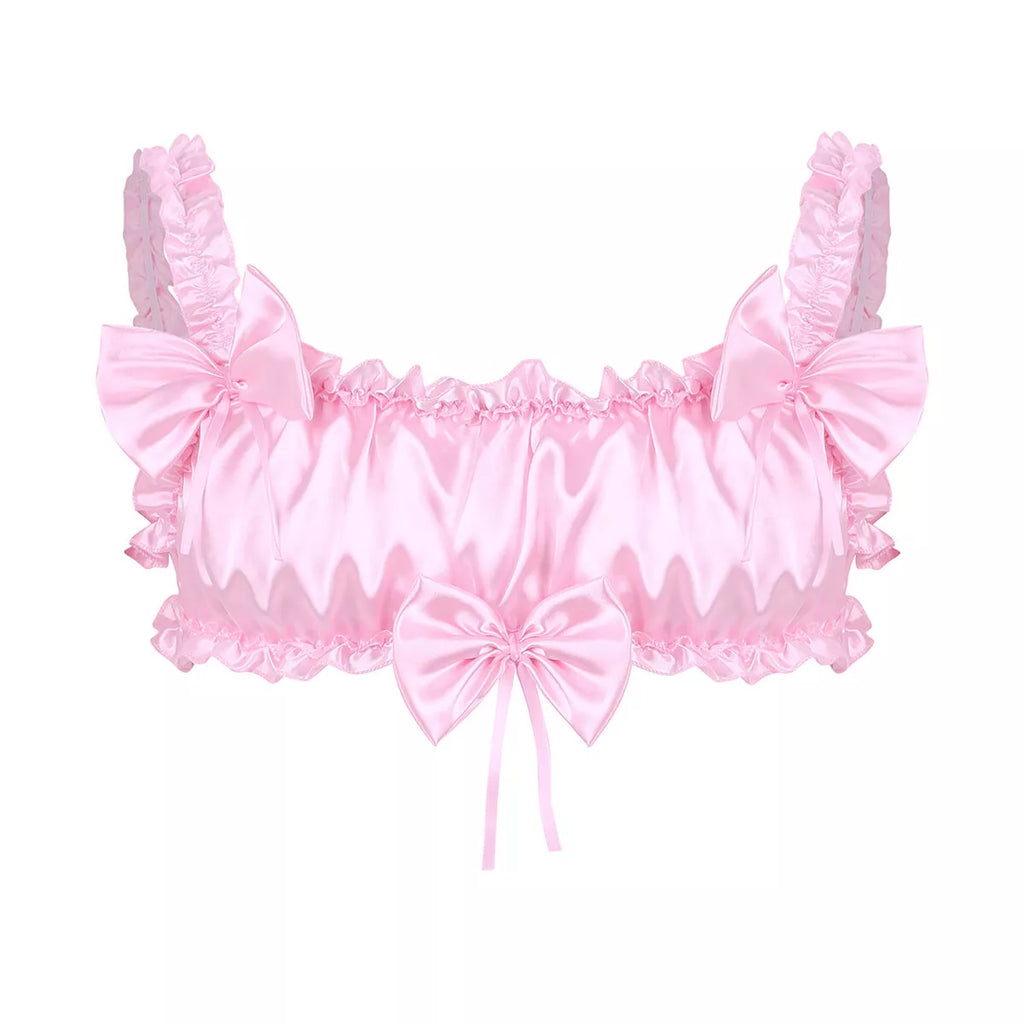 Men Ruffled Lingerie Set Cami Straps Bandeau Bra Thong 2Pcs Crossdresser Pajamas