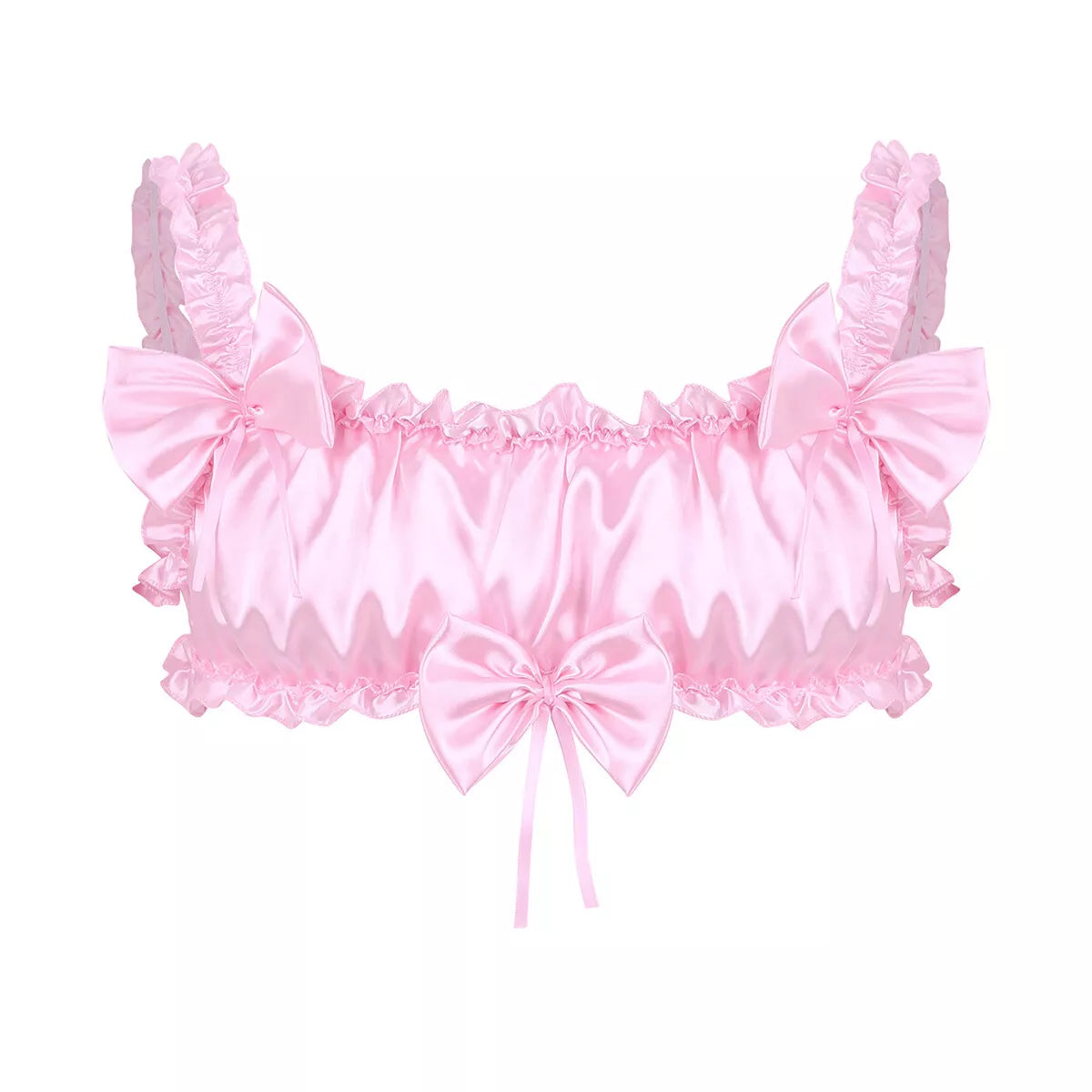 Men Ruffled Lingerie Set Cami Straps Bandeau Bra Thong 2Pcs Crossdresser Pajamas