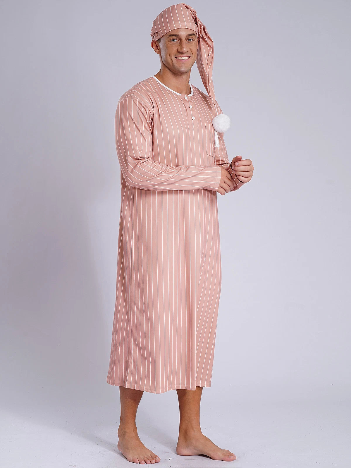 Mens Nightwear Halloween Nightgowns Plaid Pajamas Pompom Loungewear Nightshirt