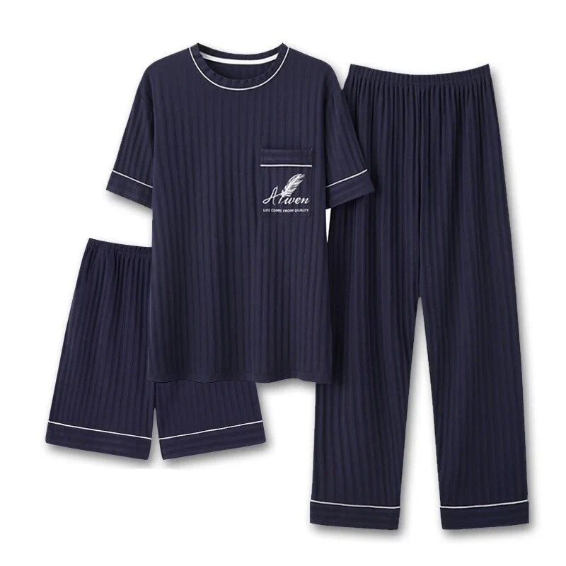 Men Pajamas Set Summer O-neck Vest Shorts Knitted Faux Cotton Pijamas Leisure US