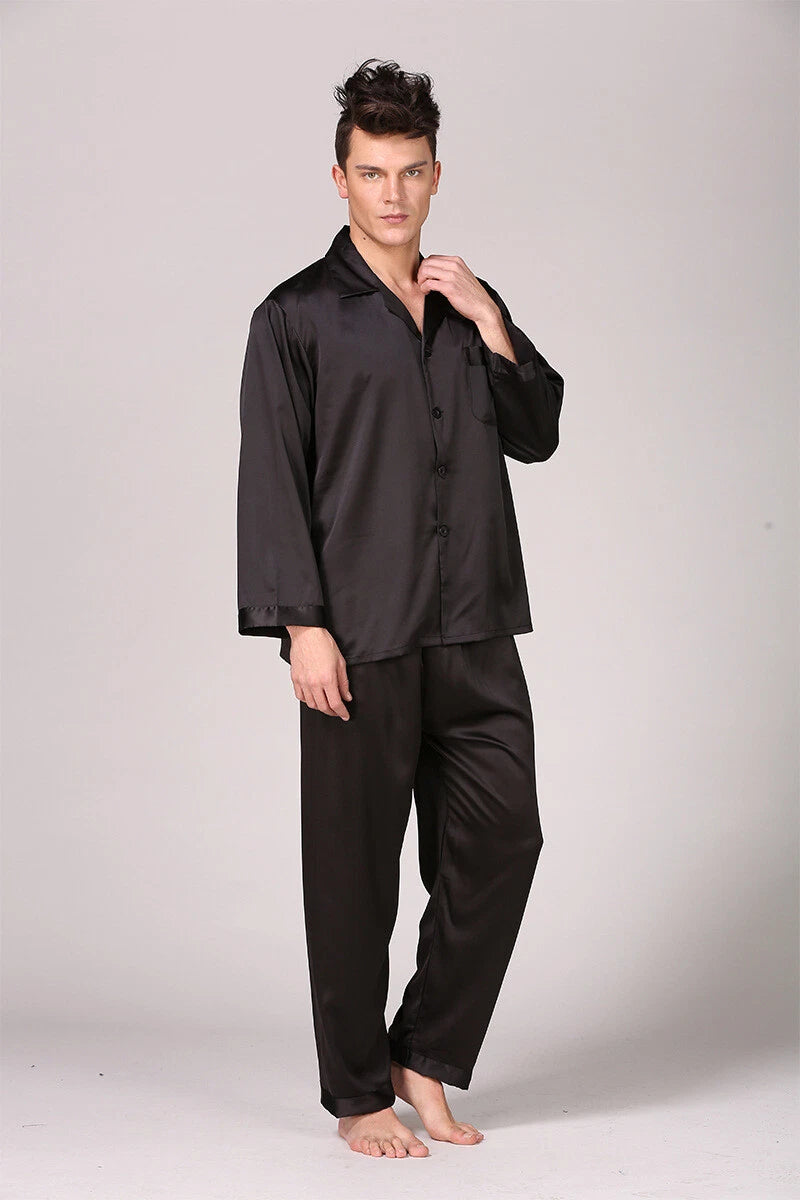 Mens Satin Silk Pyjamas Set Long Traditional Button Up Pyjama PJs Nightwear New