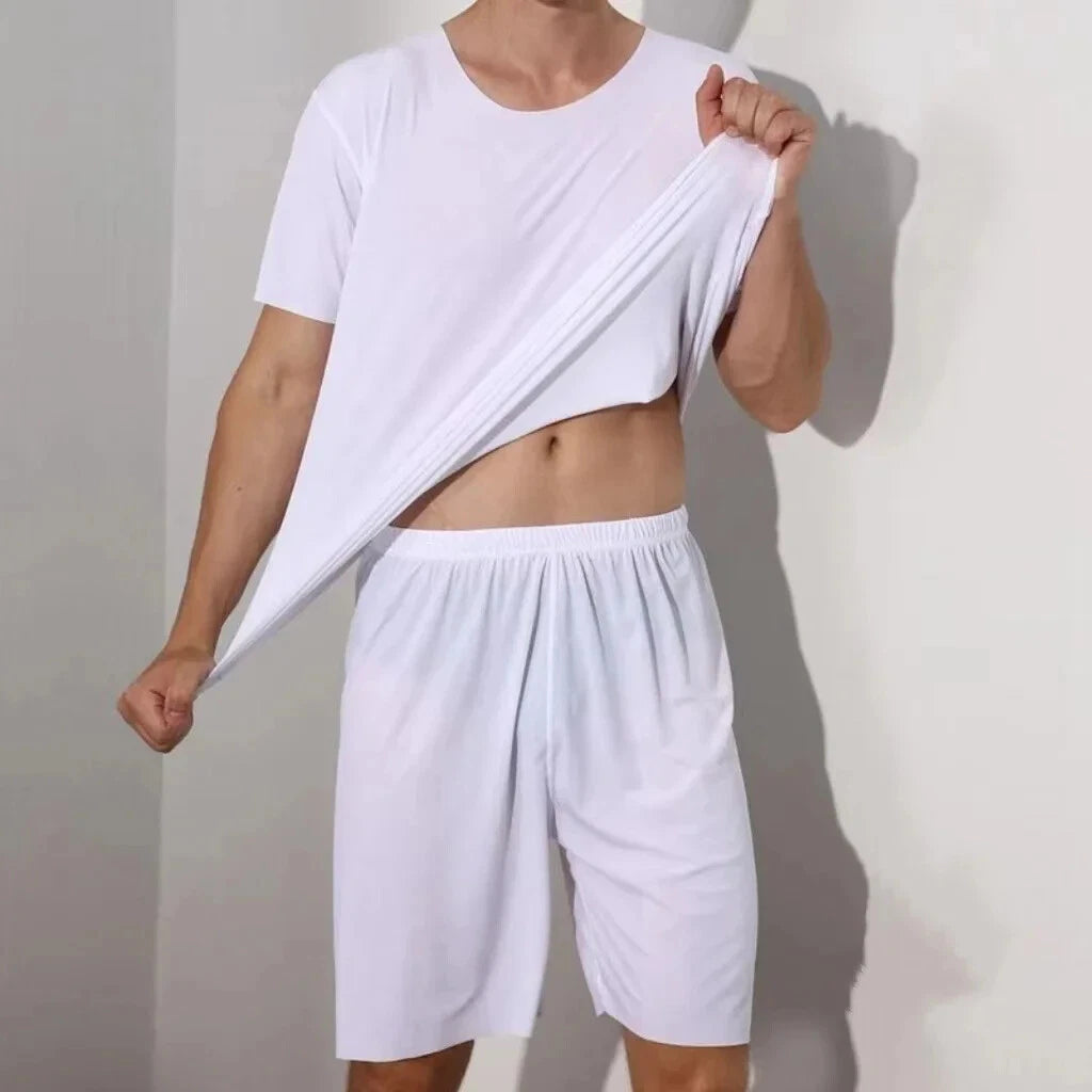 Men Two-piece Ice Silk Pajamas Loungewear Plus Size Home Set Summer Thin Modal