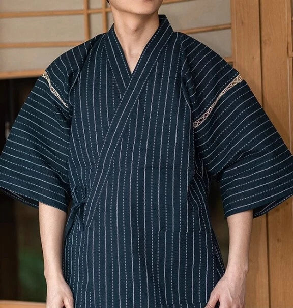 Men Japanese Kimono Pyjama Sets Yukata Jinbei Traditional Stripe Soft Nightwear